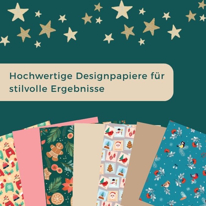 Es sind 7 Beispielpapiere zu sehen die im Buch enthalten sind.