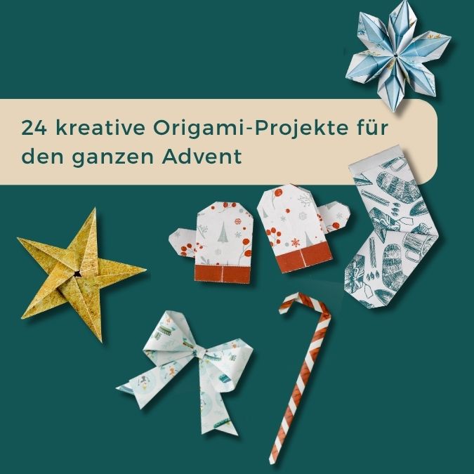 6 Beispielfiguren die in dem Origami Buch sein werden: Schneeflocke, Handschuhe, Weihnachtsstrumpf, Geschenkschleife, Zuckerstange und ein Stern.