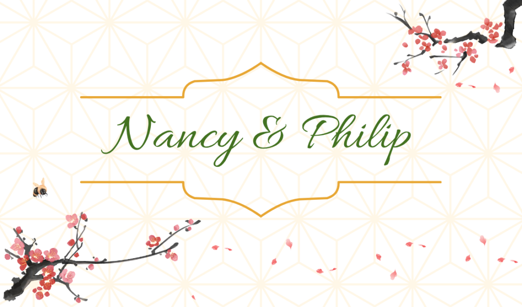Rote Kirschblütenzweige umranden die Schrift "Nancy & Philip"