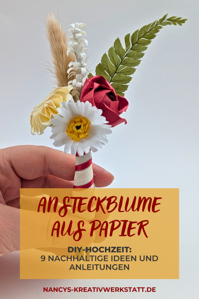 Das Bild zeigt die Ansteckblume aus Papierblumen für den Bräutigam.