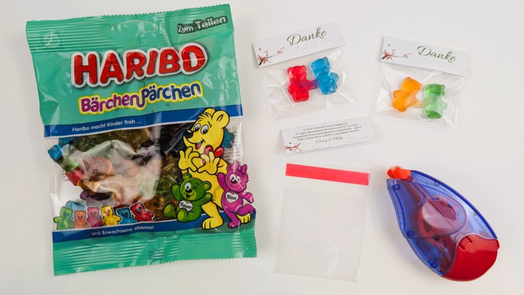 Kleines Danke-Geschenk zur Hochzeit: Gummibärchen mit lieben Worten als Dank