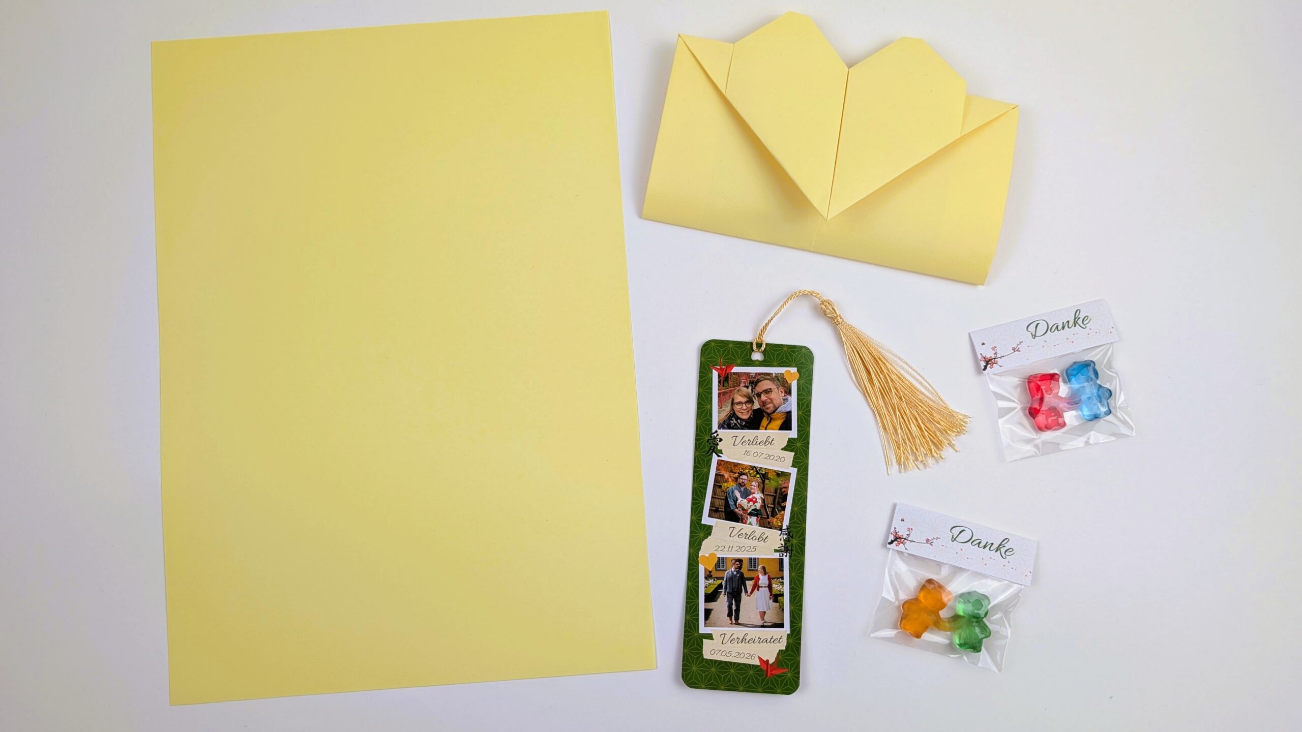 Kleines Danke-Geschenk zur Hochzeit: Alles verpackt in einem Origami Herz Briefumschlag